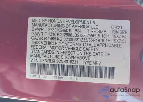 2022 Honda Odyssey Touring z USA, uszkodzony, nr VIN 5FNRL6H82NB018231